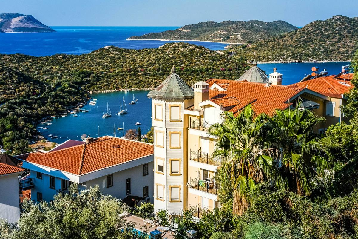 Resort buildings and yachts on the Antalya coast