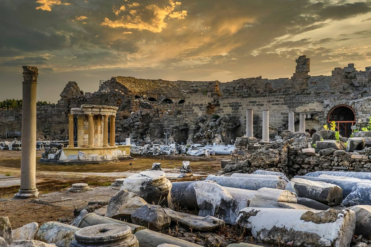 Ancient ruins at Side lit by the evening sun