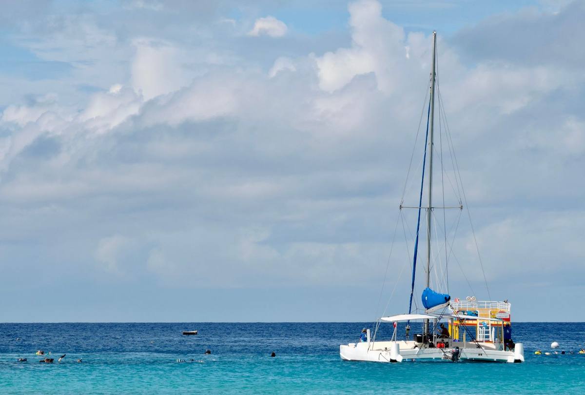 A catamaran on the turquoise sea off Barbados