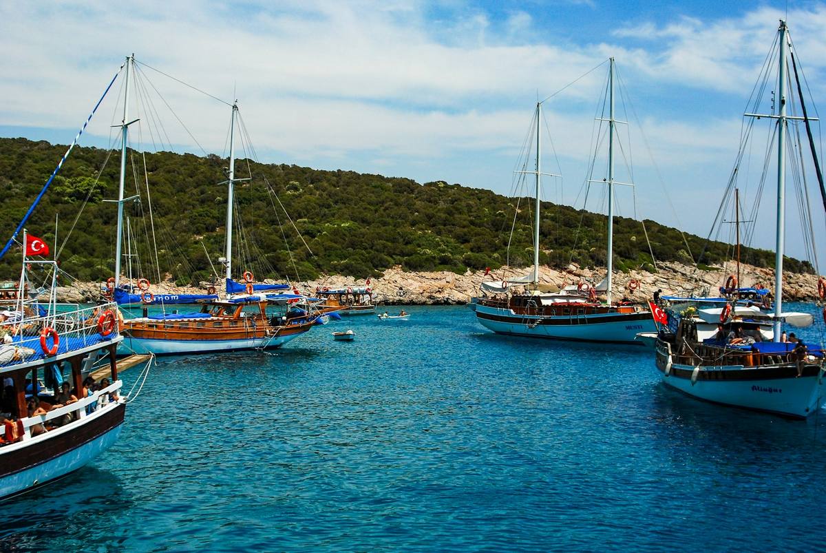 Traditional Bodrum gulets moored in a turquoise bay