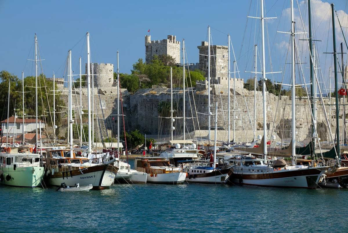 Traditional gulets moored below Bodrum Castle