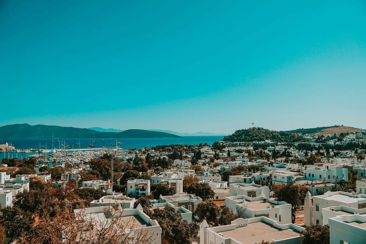 Whitewashed houses of Bodrum town seen from above