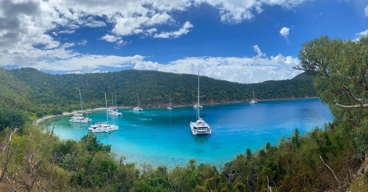 Yachts moored in a green-fringed bay in the British Virgin Islands