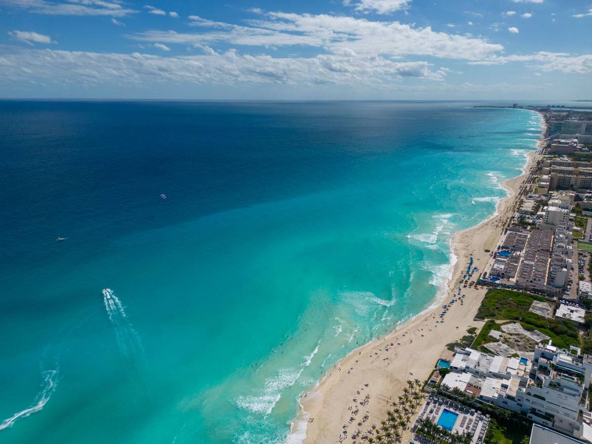 Cancún's hotel-lined beaches and turquoise water from the air