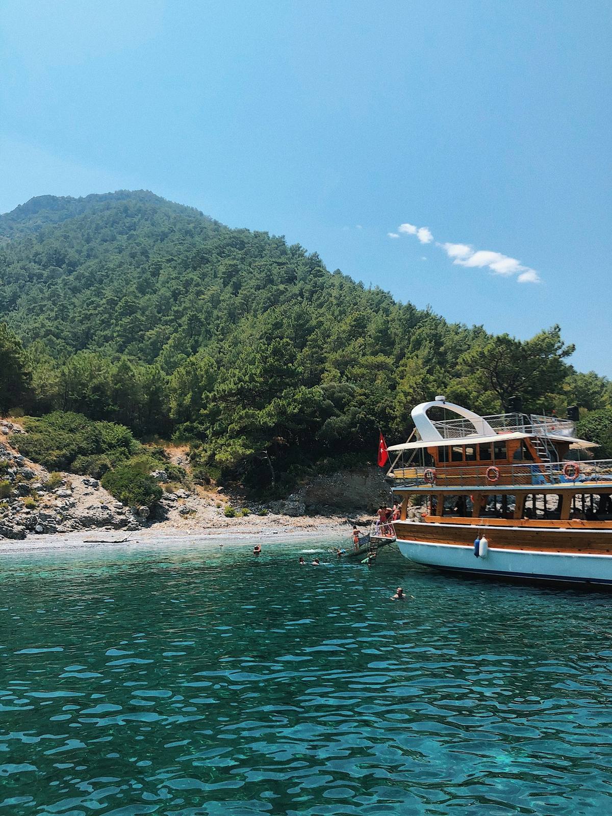 Excursion boat on the turquoise Aegean near Kusadasi