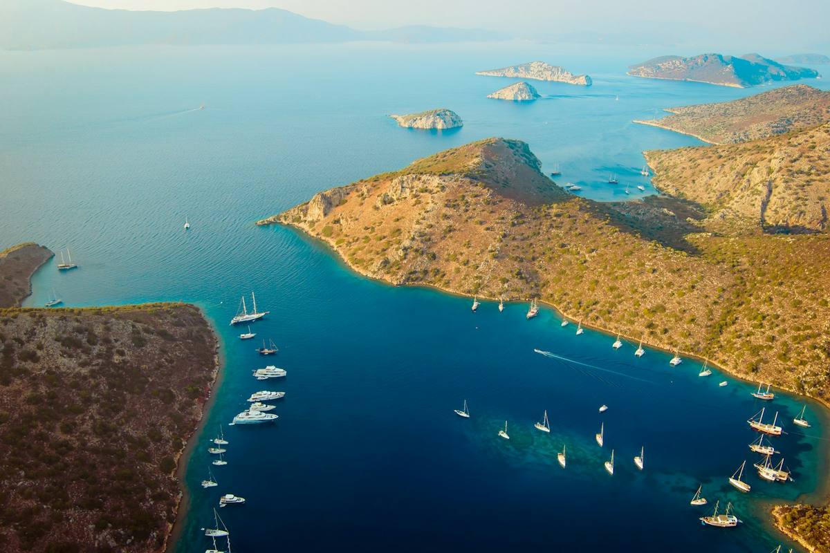 Aerial view of Marmaris marina packed with boats