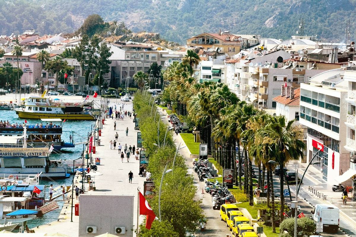 Marmaris marina and palm-lined waterfront promenade