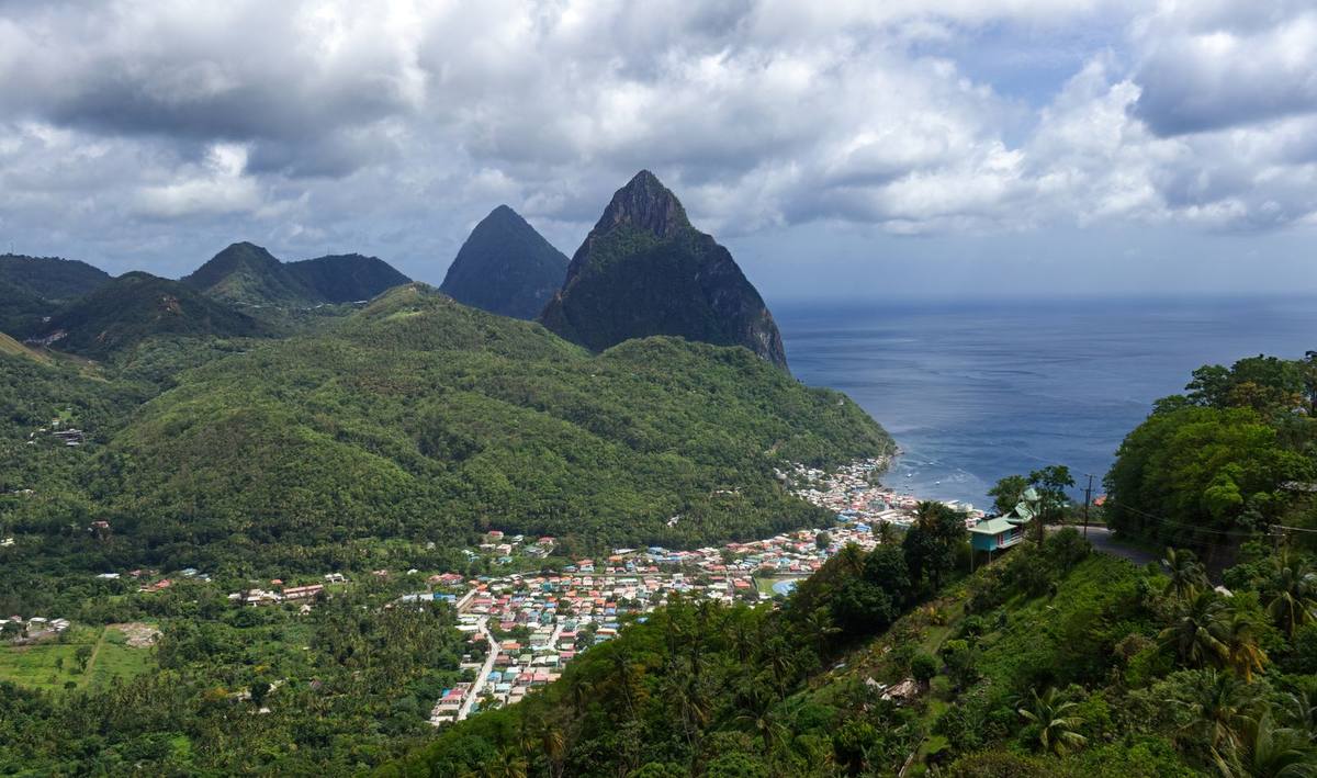 The Pitons above Soufrière, Saint Lucia, from above