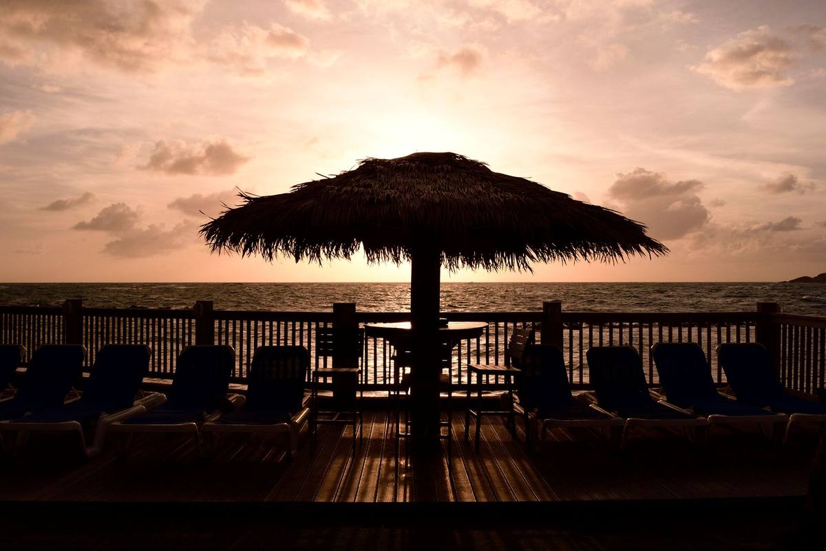 Sunset from a beach deck in Saint Lucia