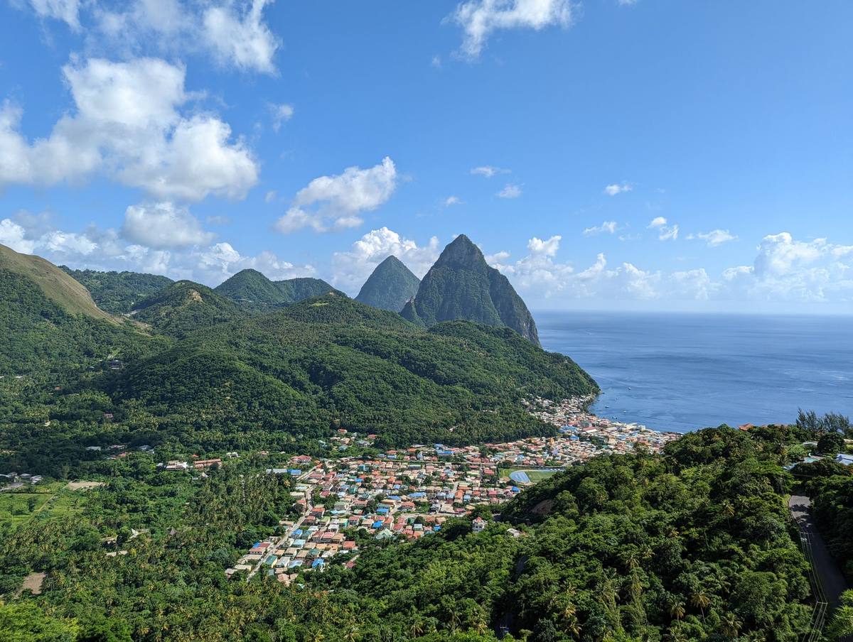 Soufrière town and the Pitons in Saint Lucia from above